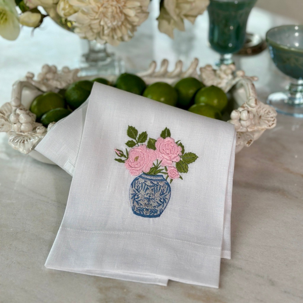 Arte Italica & Crown Linen Designs - Chinoiserie Jar with Roses Linen Towel