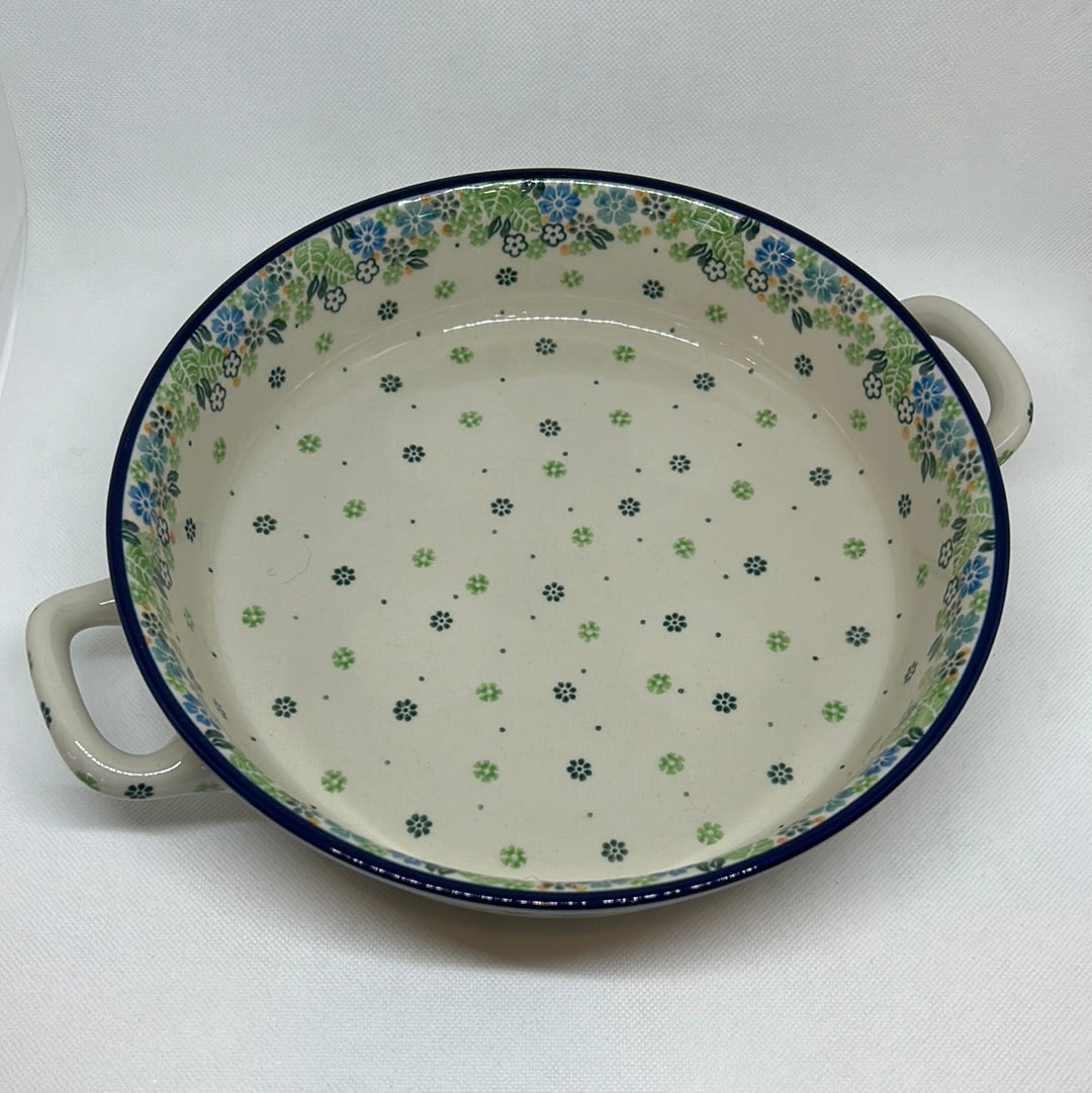 Tiny Blue Flowers Round Baker w/ Handles 10"