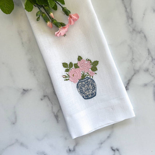 Arte Italica & Crown Linen Designs - Chinoiserie Jar with Roses Linen Towel