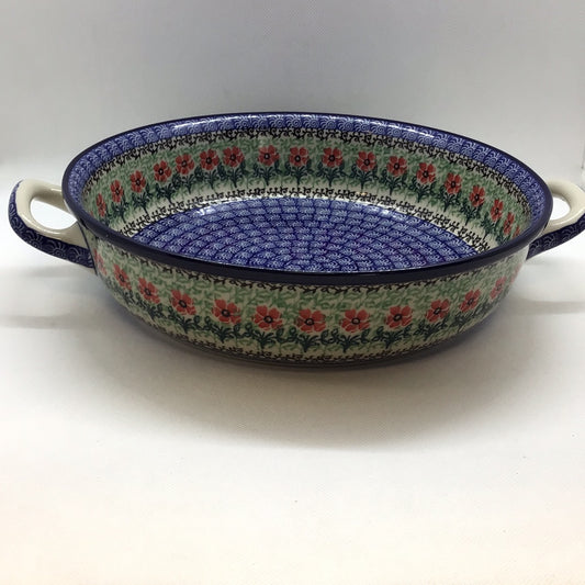 Red Daisies Round Baker w/Handles 10"