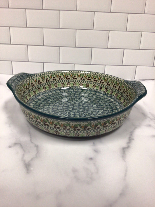 Green Ribbon Round Baker w/Grips 10"